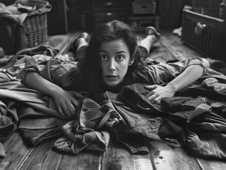 a woman surrounded by washing on the floor