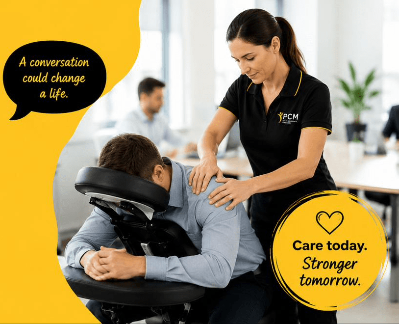 A qualified therapist gives a seated massage to an employee in a Perth office. A speech bubble reads: a conversation could change a life. A badge reads: care today, stronger tomorrow.